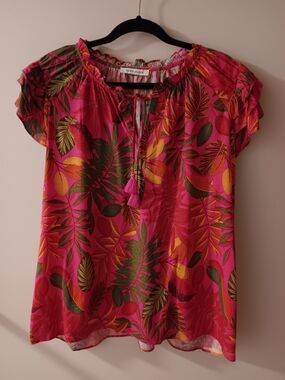Rose + Olive Pink Tropical Print Ruffle Neck Blouse